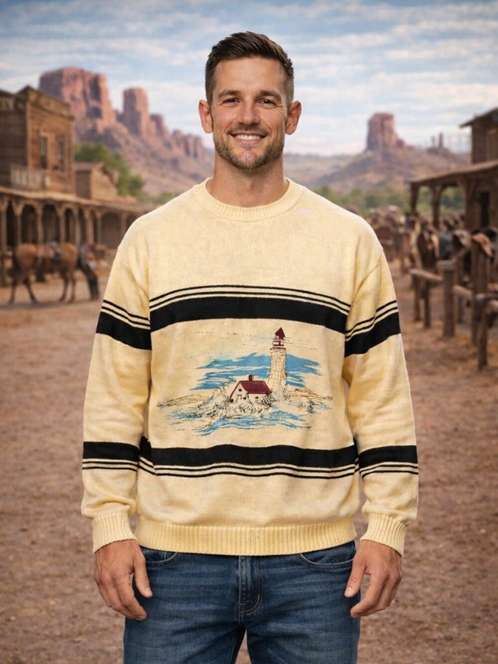 Lighthouse Graphic YLW/Brown Pullover Artsy‎ Nautical Long Sleeve Sweater Men 2X